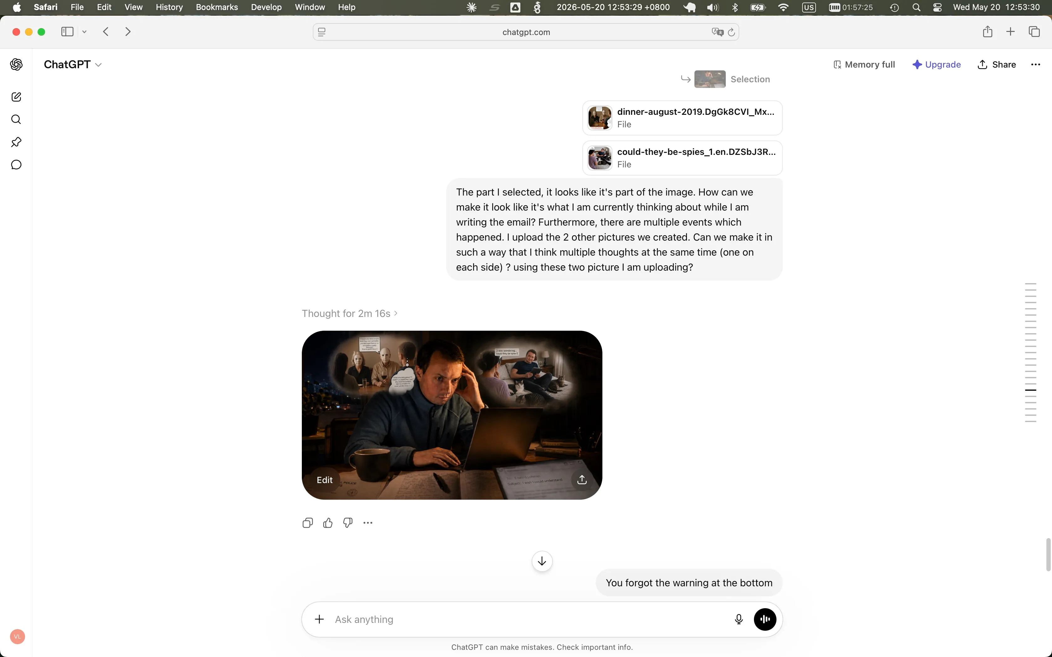 Capture d'écran de la conversation ChatGPT : je viens de téléverser deux illustrations antérieures générées par IA comme références (les noms de fichiers sont visibles : dinner-august-2019 et could-they-be-spies_1) et j'ai tapé une requête demandant à ChatGPT d'ajouter mon processus de pensée sous forme de bulles de pensée de chaque côté de la figure centrale. La réponse de ChatGPT, sous l'invite, est l'image composite résultante.