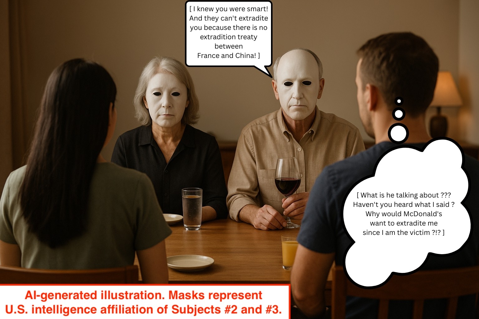 Illustration générée par IA : un couple plus jeune vu de dos fait face à un couple plus âgé portant des masques symbolisant leur affiliation au renseignement américain.